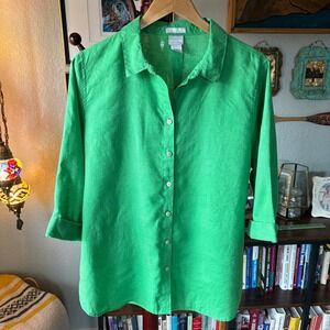 Chico's Bright Green 100% Linen Button Front Blouse Lightweight Classic